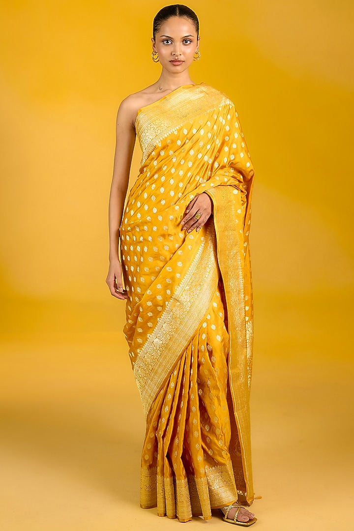 Mustard Yellow Satin Silk Banarasi Handwoven Wedding Saree Set by Ekaya at Pernia's Pop Up Shop