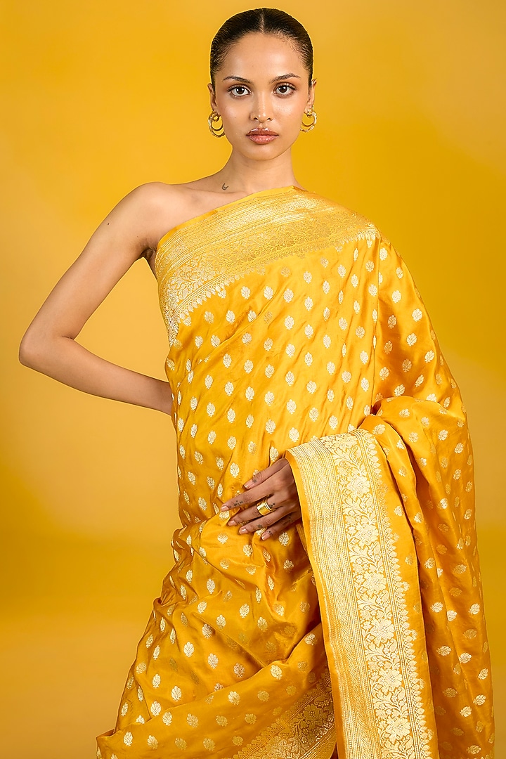 Mustard Yellow Satin Silk Banarasi Handwoven Wedding Saree Set by Ekaya at Pernia's Pop Up Shop