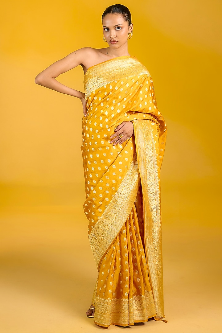 Mustard Yellow Satin Silk Banarasi Handwoven Wedding Saree Set by Ekaya at Pernia's Pop Up Shop