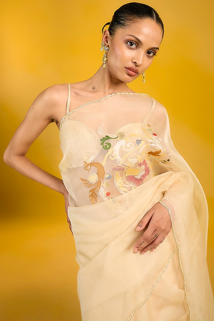 Off-White Kora Silk Meenakari Banarasi Handwoven Wedding Saree Set by Ekaya at Pernia's Pop Up Shop