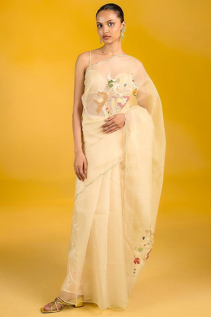Off-White Kora Silk Meenakari Banarasi Handwoven Wedding Saree Set by Ekaya at Pernia's Pop Up Shop