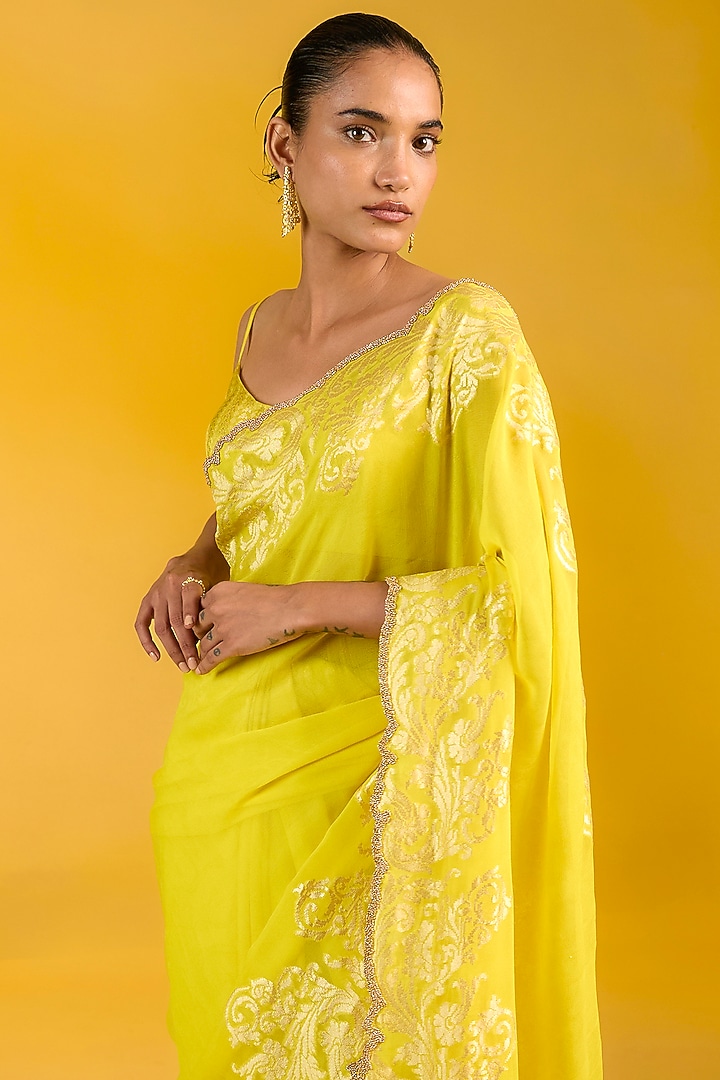 Mustard Yellow Chiffon Bead Embroidered Banarasi Handwoven Wedding Saree Set by Ekaya at Pernia's Pop Up Shop