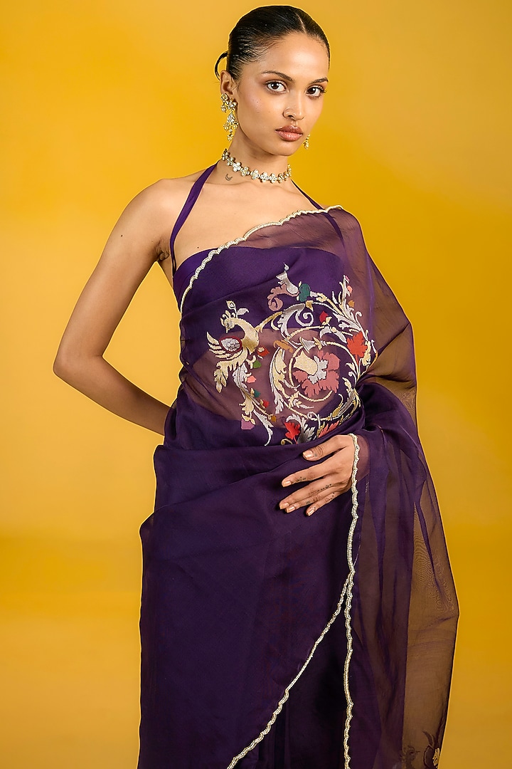 Purple Organza Hand Embroidered Banarasi Handwoven Wedding Saree Set by Ekaya at Pernia's Pop Up Shop