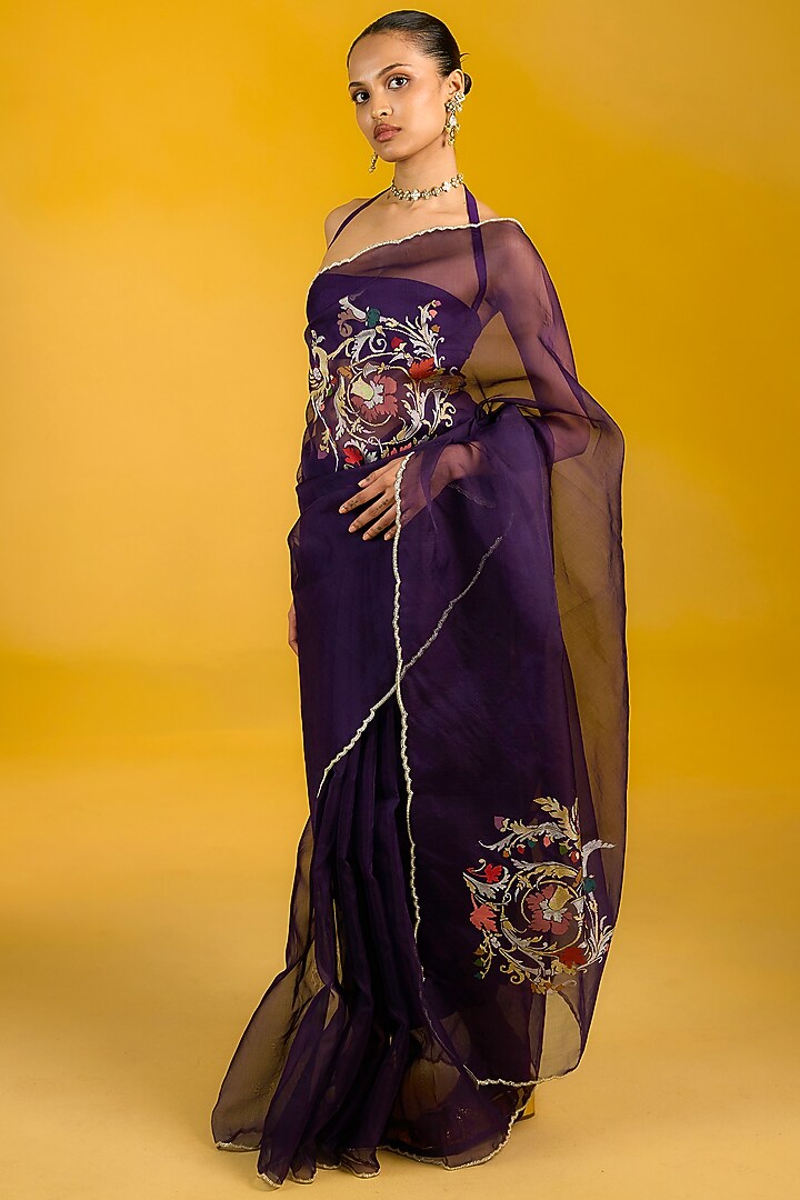 Purple Organza Hand Embroidered Banarasi Handwoven Wedding Saree Set by Ekaya at Pernia's Pop Up Shop