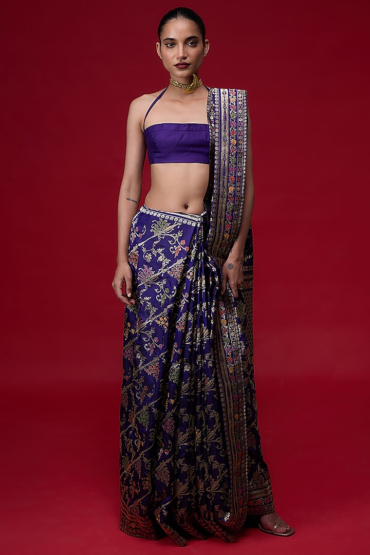 Purple Silk Banarasi Handwoven Reception Saree Set by Ekaya at Pernia's Pop Up Shop
