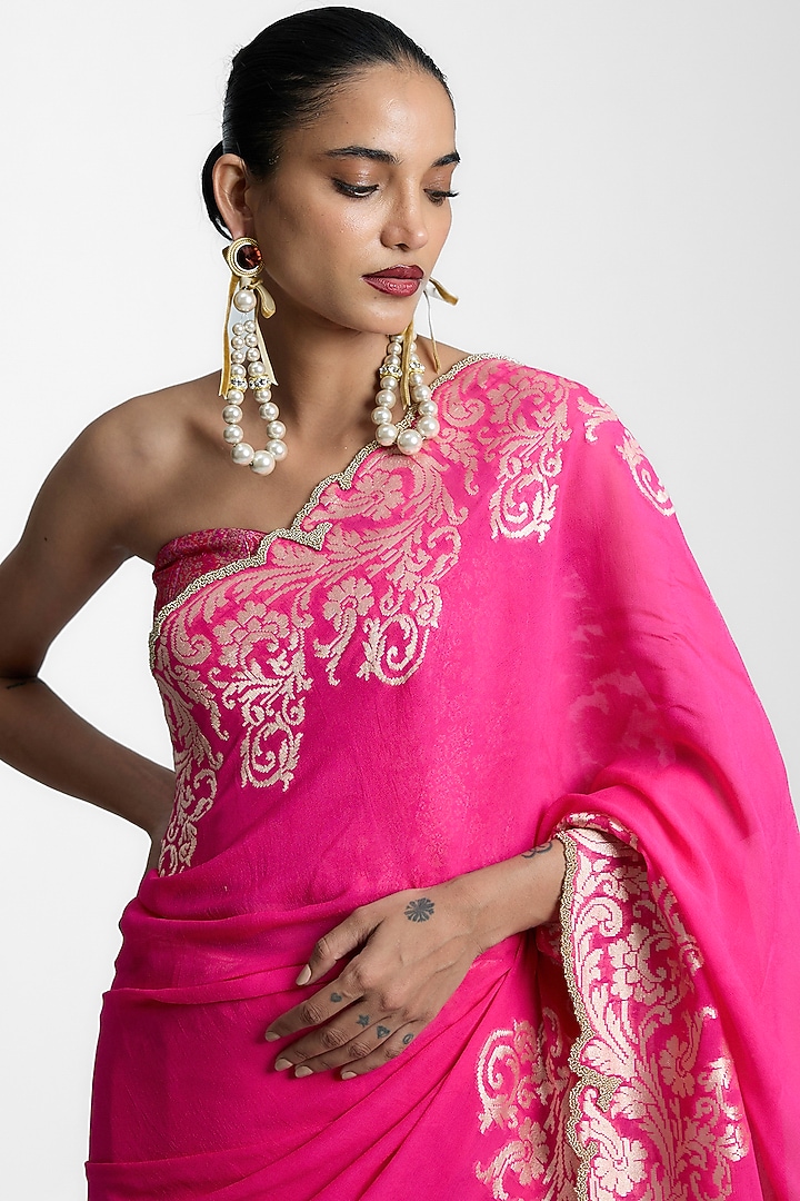 Rani Pink Chiffon Banarasi Handwoven Wedding Saree Set by Ekaya at Pernia's Pop Up Shop