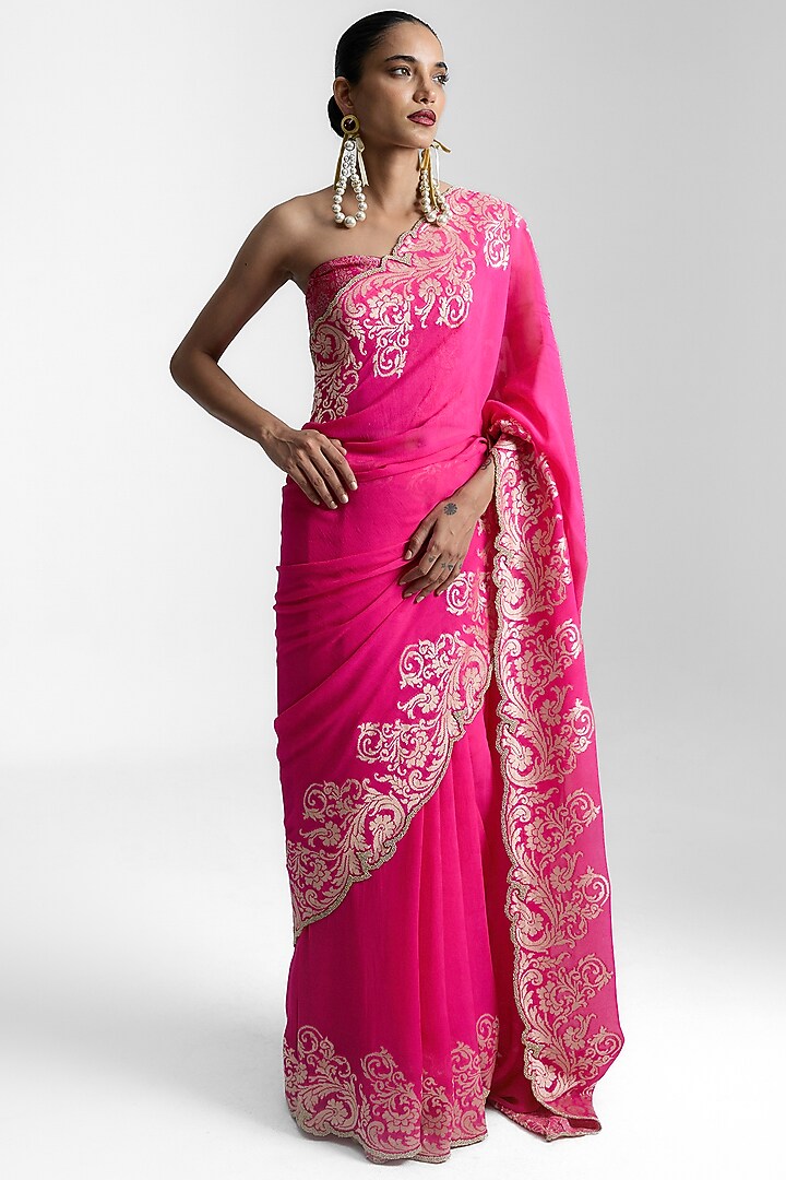 Rani Pink Chiffon Banarasi Handwoven Wedding Saree Set by Ekaya at Pernia's Pop Up Shop