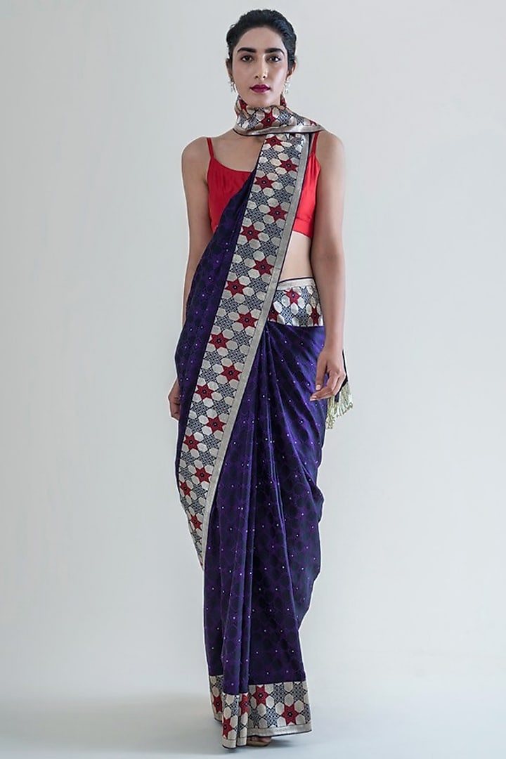 Raisin Purple Woven Saree Set by Ekaya