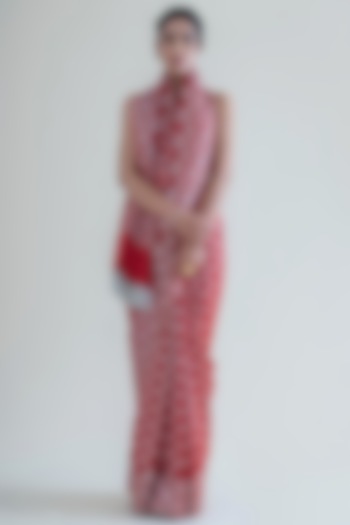 Scarlet Red Saree Set With Cutwork by Ekaya