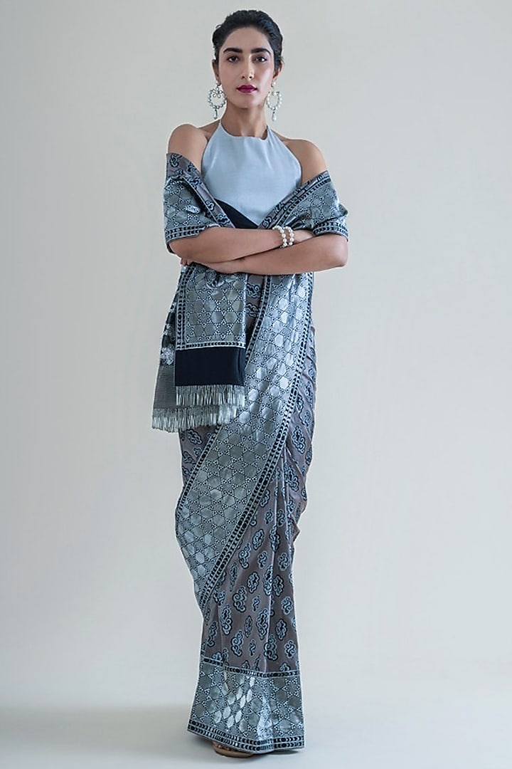 Smoke Grey Handwoven Saree Set by Ekaya