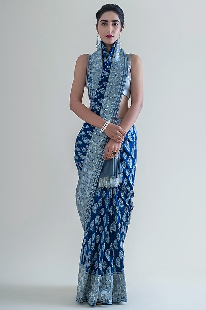 Persian Blue Handwoven Saree Set With Cutwork by Ekaya