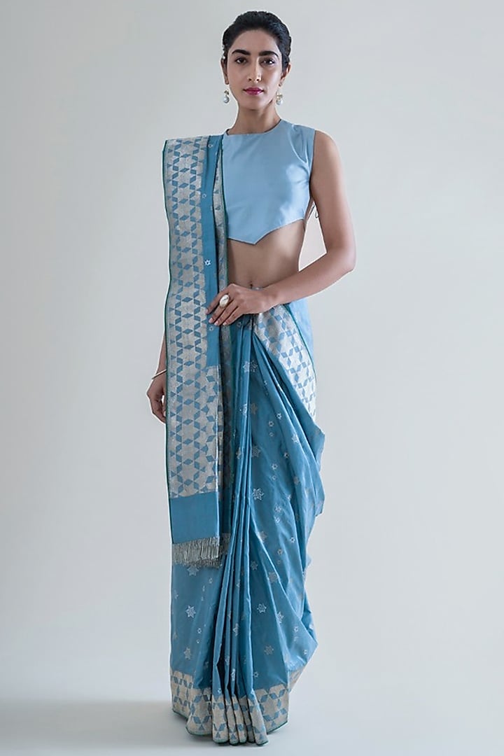 Slate Grey Saree Set With Banarasi Weaving by Ekaya