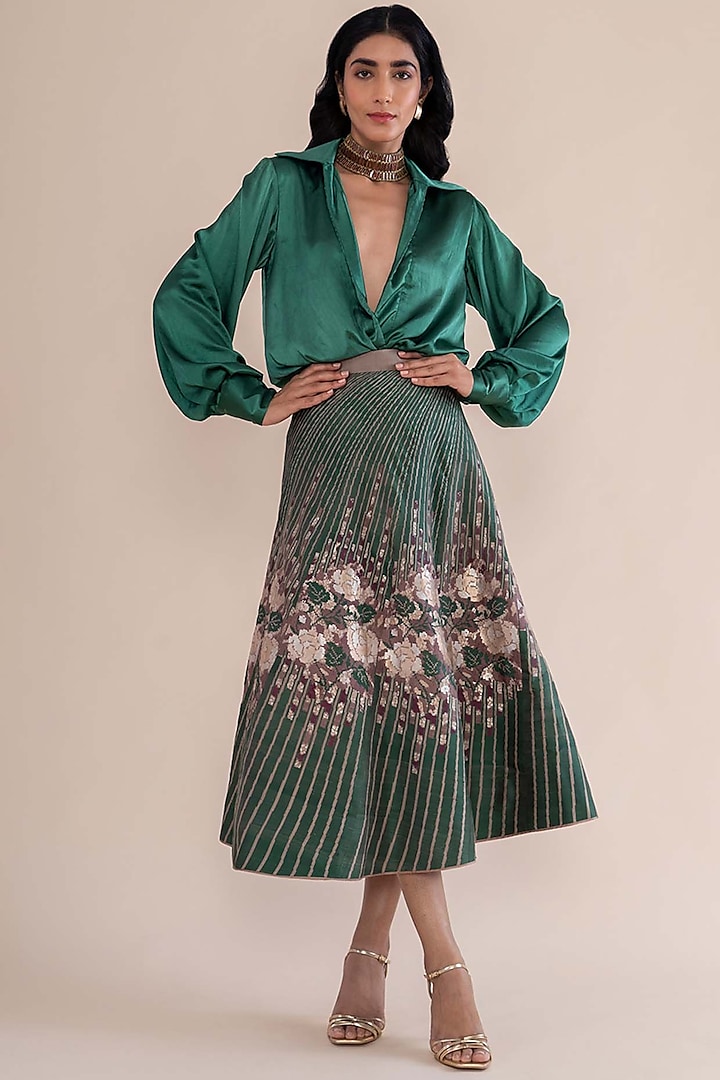Green Handwoven Banarasi Silk Lehenga by Ekaya