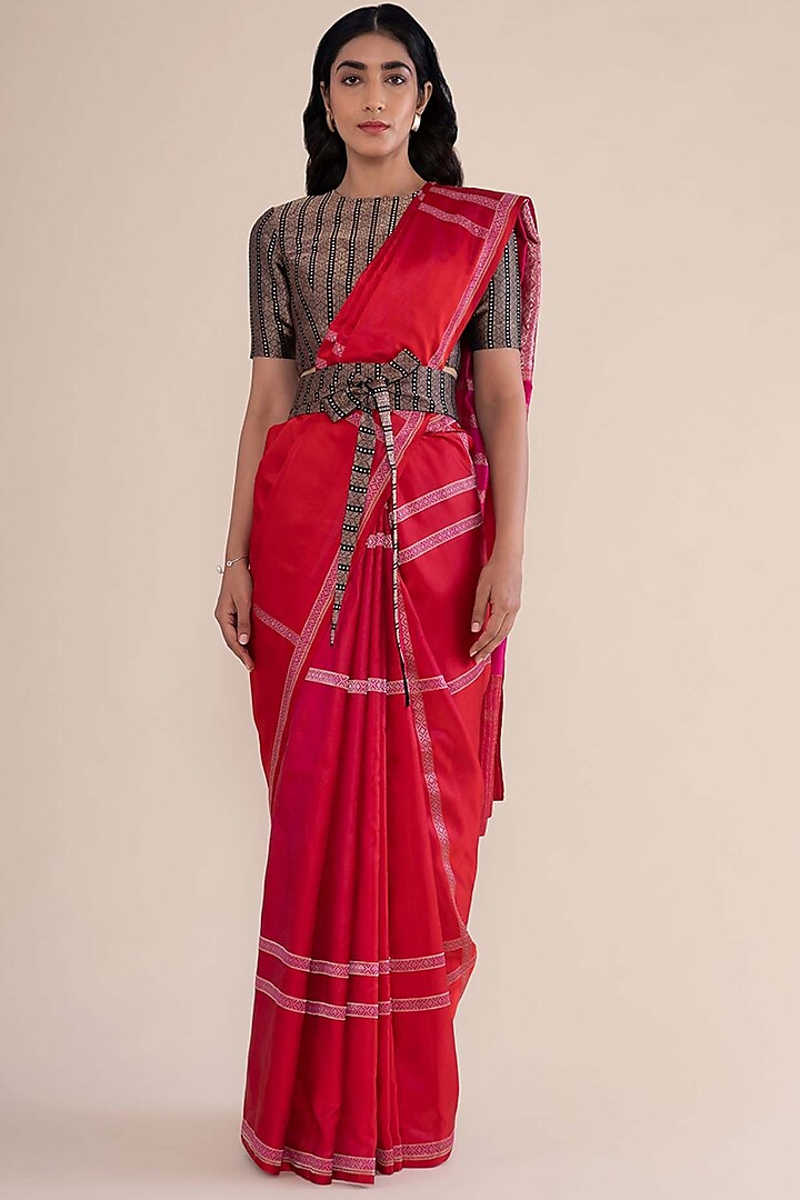 Cherry Red Satin Silk Handwoven Saree by Ekaya