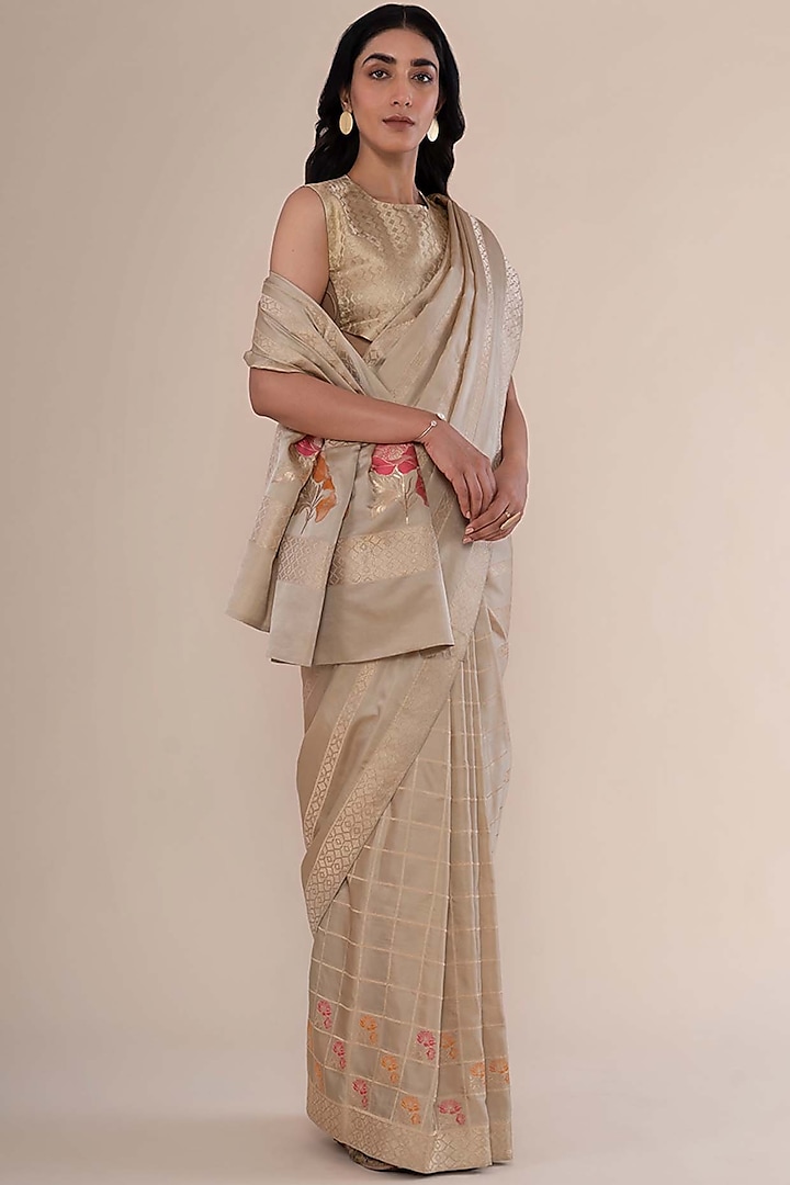 Beige Gold Satin Silk Handwoven Saree by Ekaya