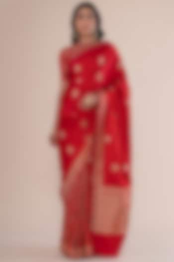 Scarlet Red Satin Silk Handwoven Saree by Ekaya
