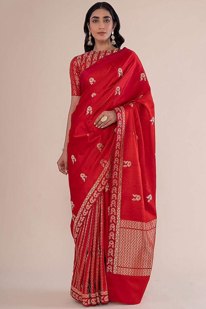 Scarlet Red Satin Silk Handwoven Saree by Ekaya