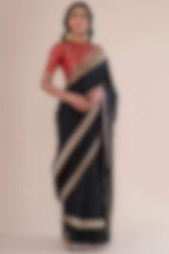 Black Satin Silk Handwoven Saree by Ekaya at Pernia's Pop Up Shop