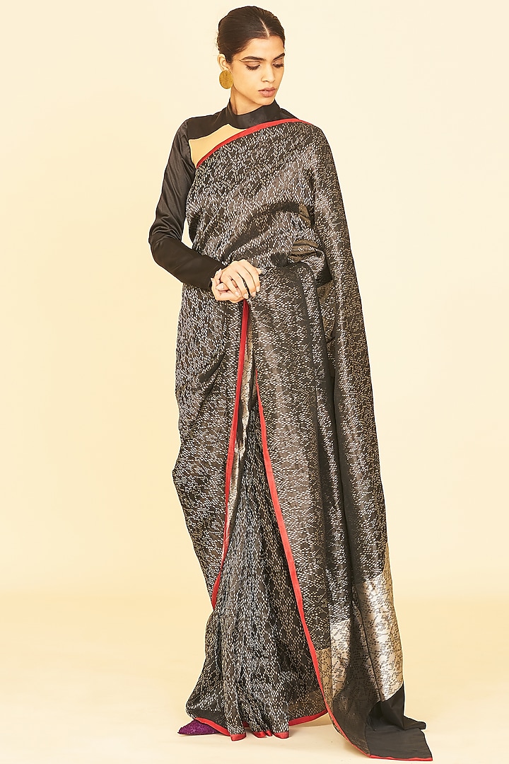 Black Satin Silk Saree by Ekaya