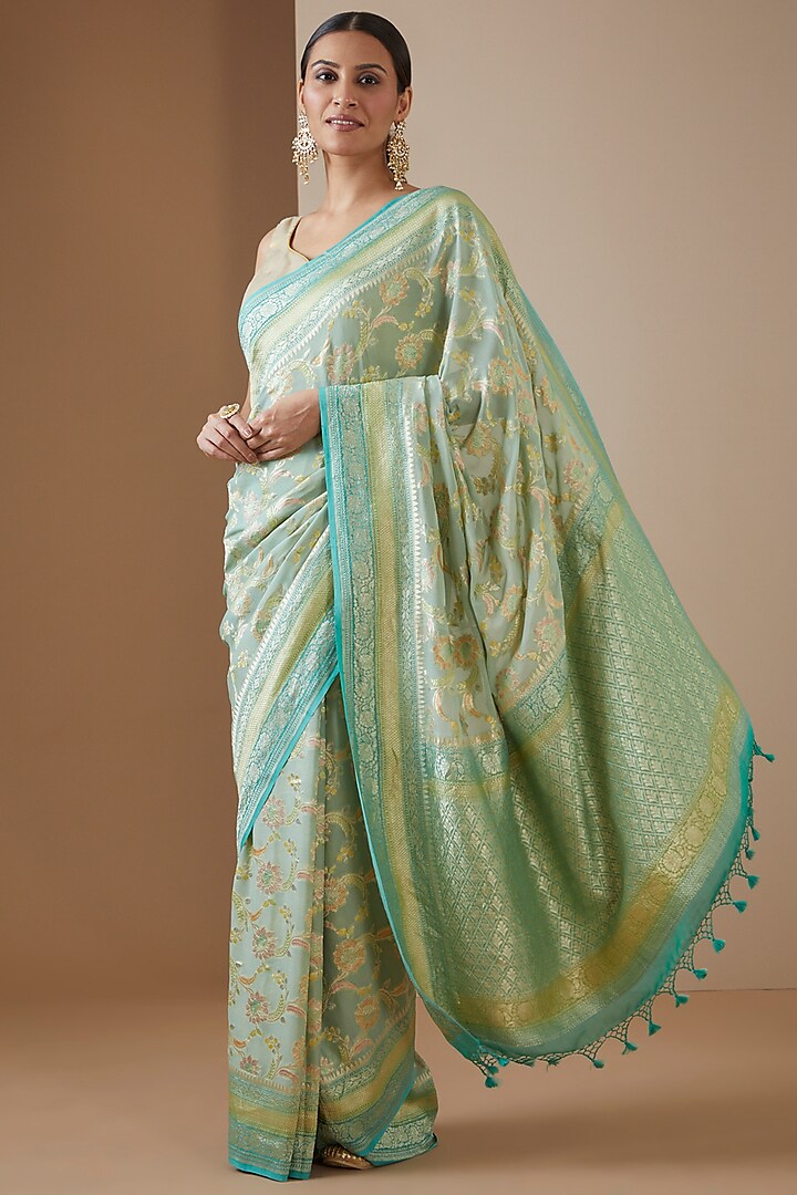 Green Handwoven Silk & Georgette Embroidered Saree Set by Ekaya