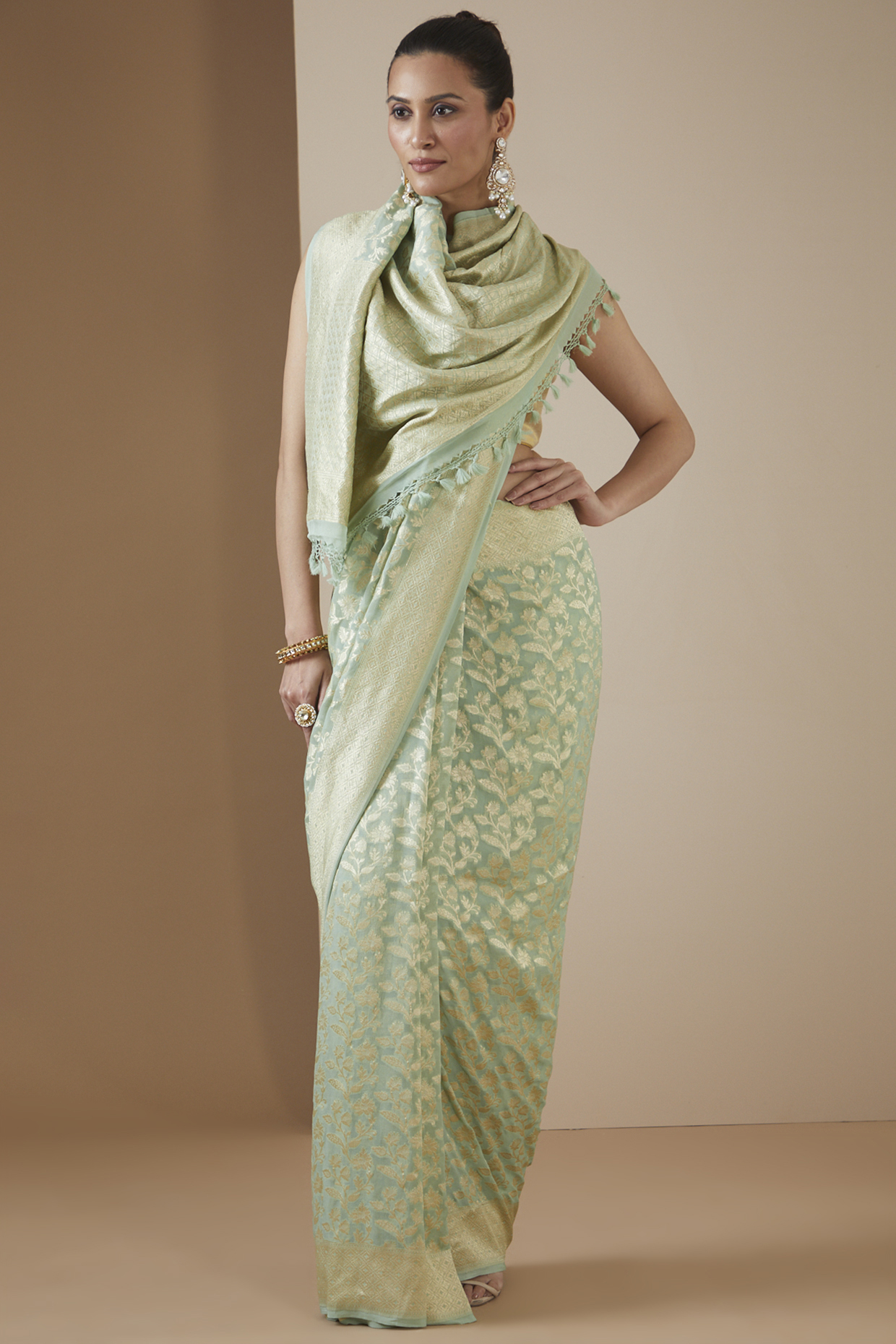 Green Handwoven Silk & Georgette Embroidered Saree Set by Ekaya