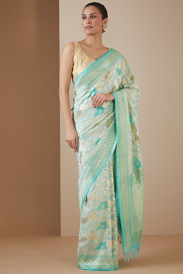 Sea Green Handwoven Silk & Georgette Embroidered Saree Set by Ekaya