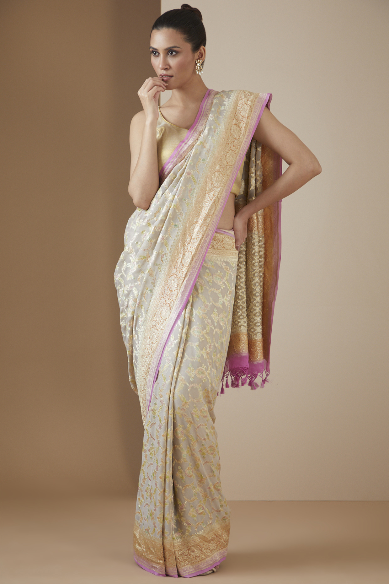 Grey Handwoven Silk & Georgette Embroidered Saree Set by Ekaya