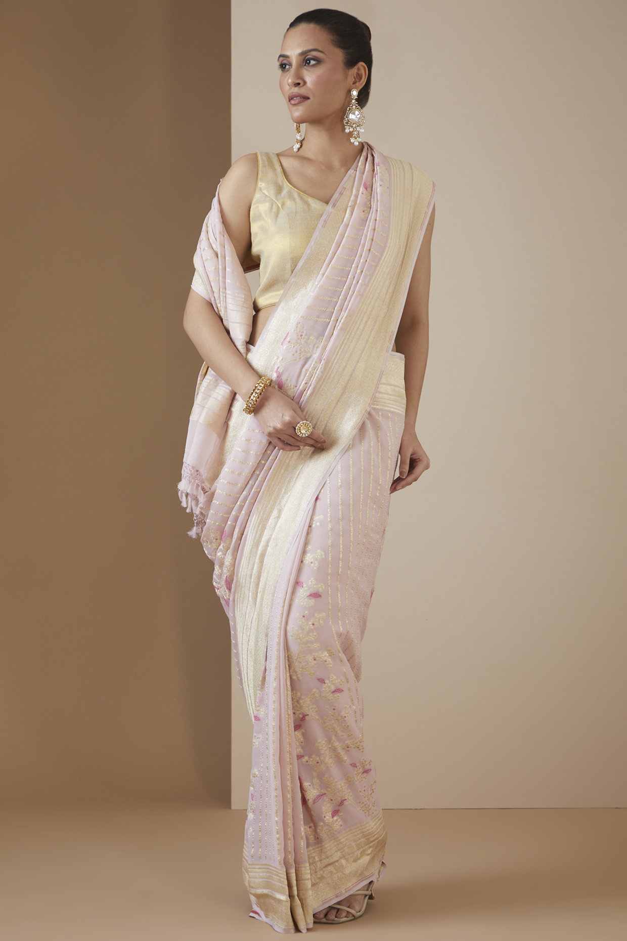 Pink Handwoven Organza & Georgette Embroidered Saree Set by Ekaya