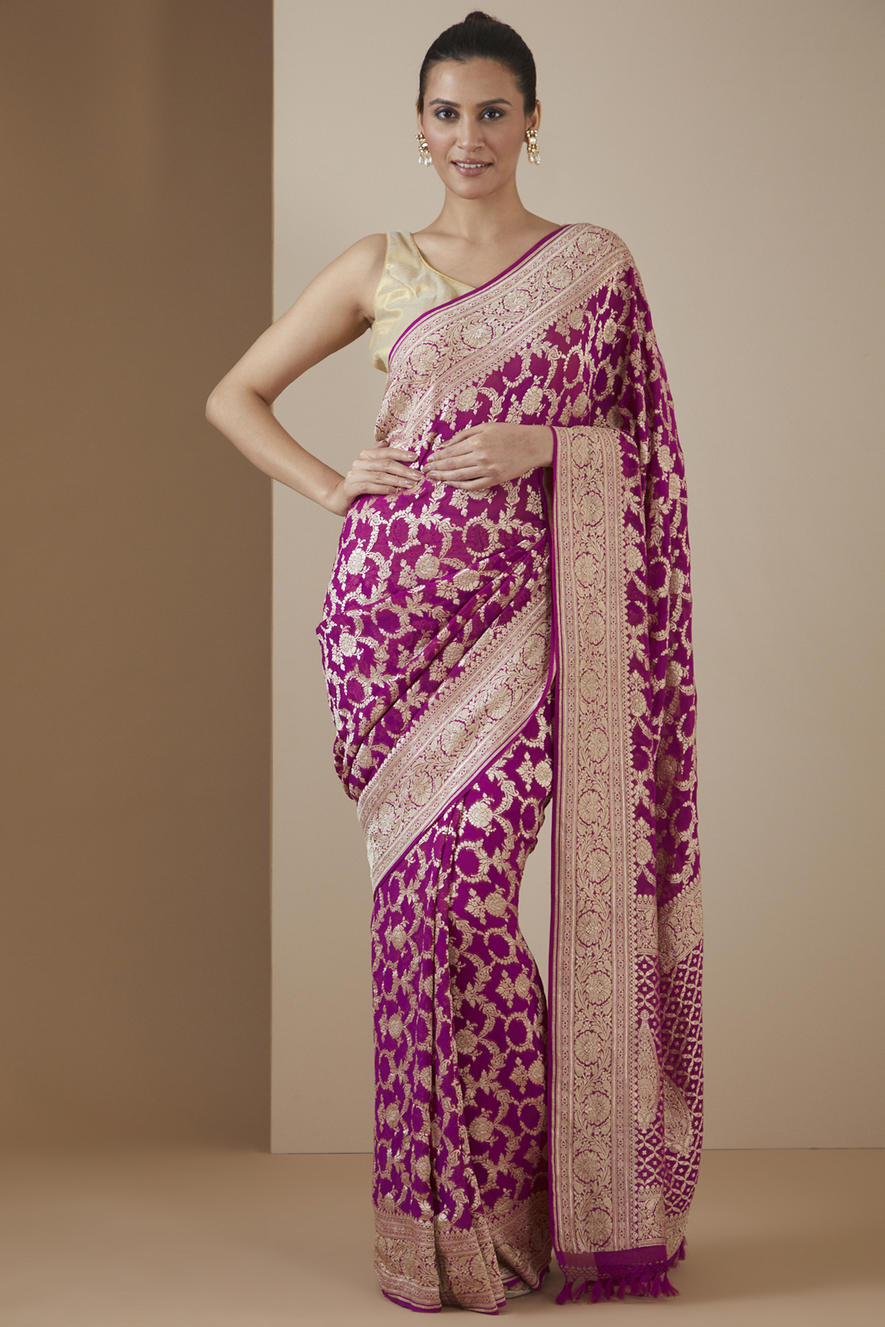 Magenta Handwoven Silk & Georgette Embroidered Saree Set by Ekaya