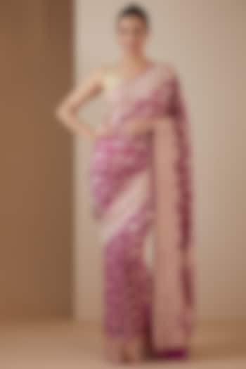 Magenta Handwoven Silk & Georgette Embroidered Saree Set by Ekaya