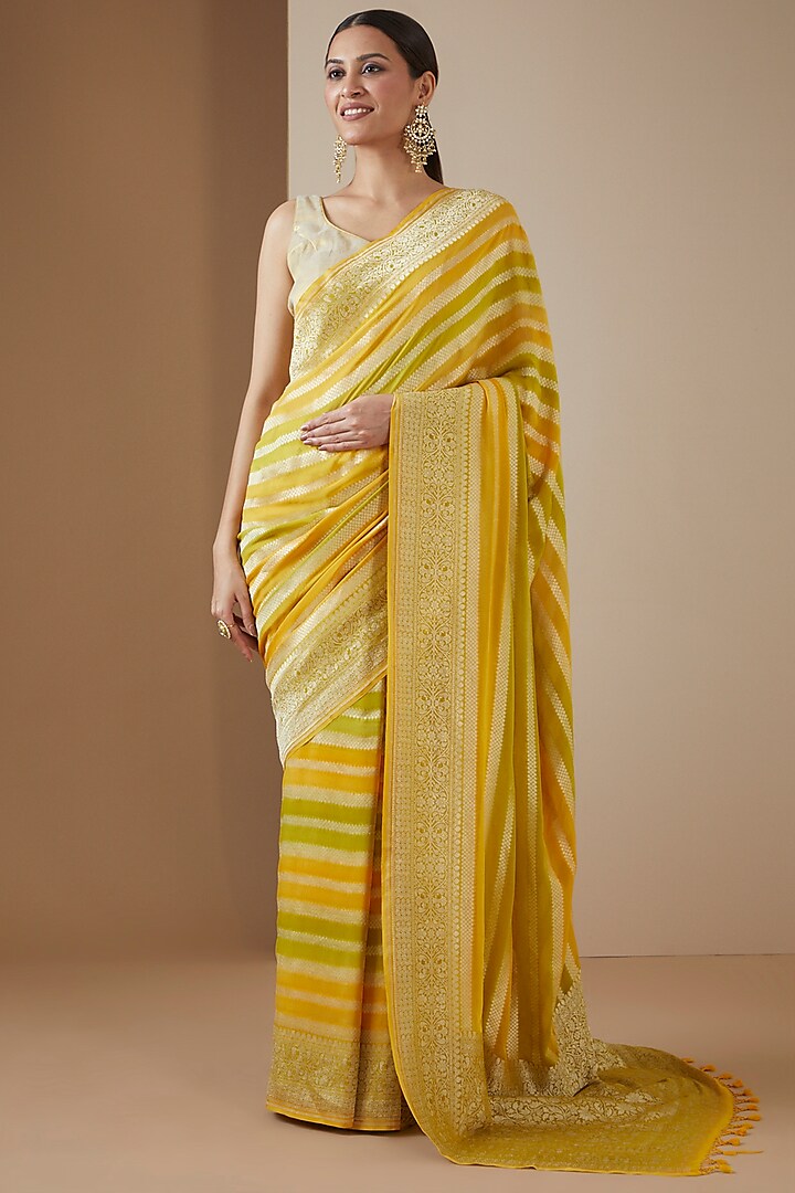 Yellow Handwoven Silk & Georgette Embroidered Saree Set by Ekaya