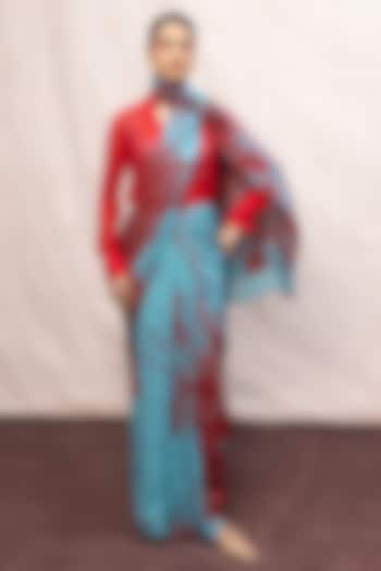 Blue & Red Chiffon Digital Printed Handwoven Party Wear Saree Set by Ekaya at Pernia's Pop Up Shop