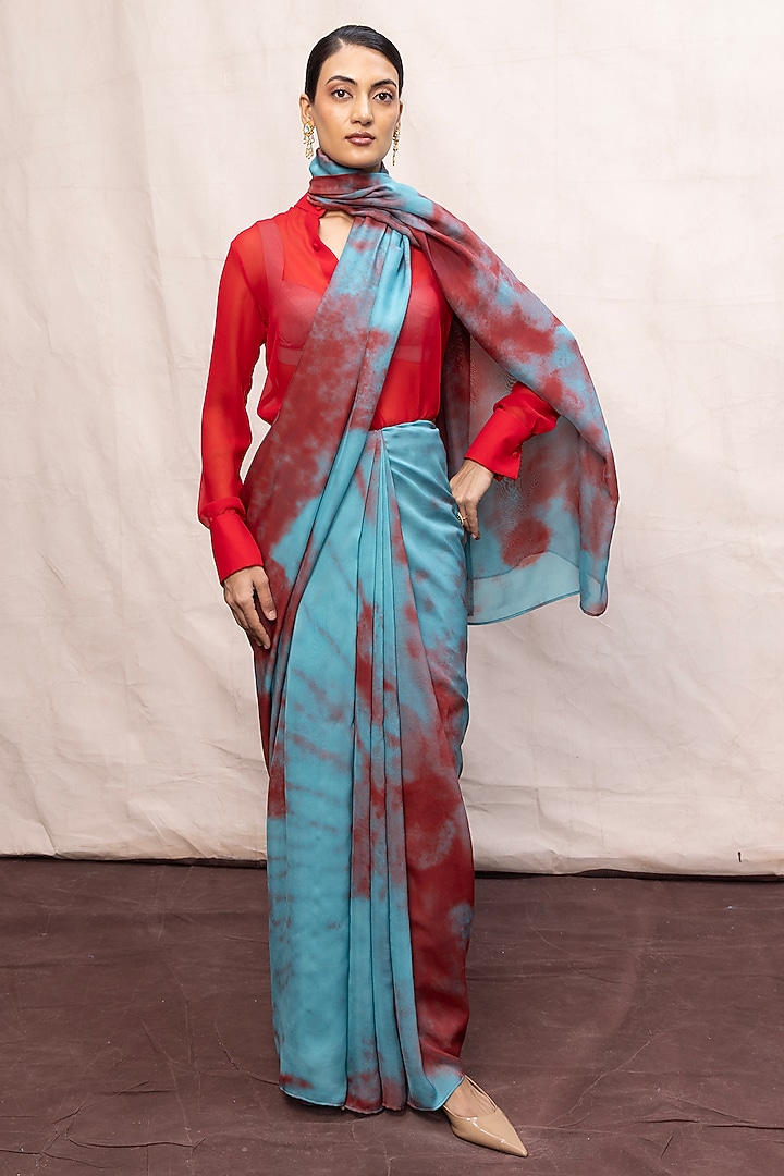 Blue & Red Chiffon Digital Printed Handwoven Party Wear Saree Set by Ekaya at Pernia's Pop Up Shop