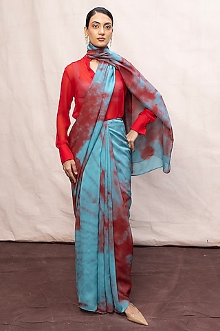 Blue & Red Chiffon Digital Printed Handwoven Saree Set by Ekaya