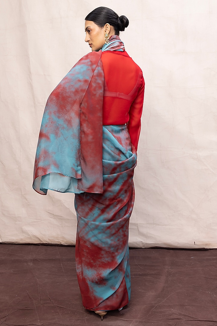 Blue & Red Chiffon Digital Printed Handwoven Party Wear Saree Set by Ekaya at Pernia's Pop Up Shop