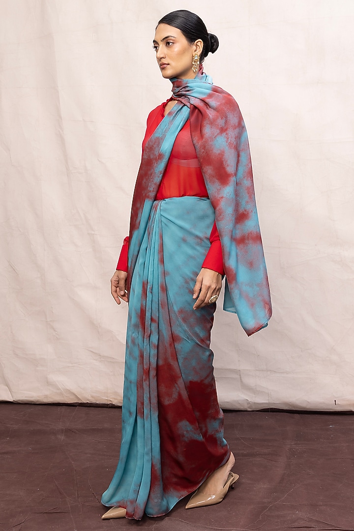 Blue & Red Chiffon Digital Printed Handwoven Party Wear Saree Set by Ekaya at Pernia's Pop Up Shop