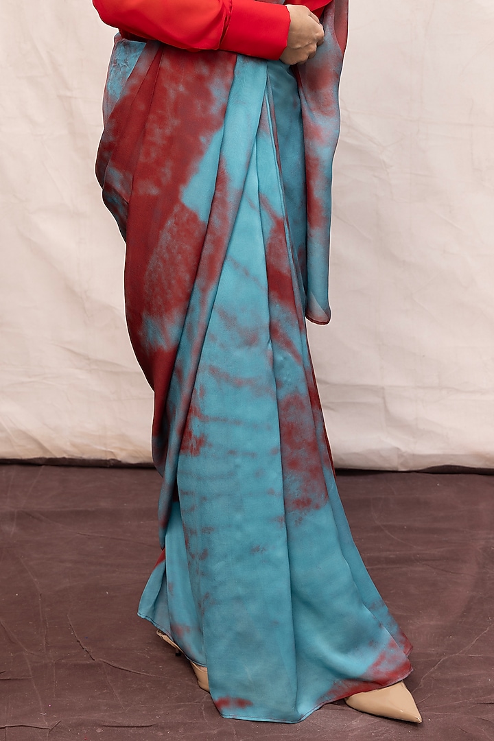 Blue & Red Chiffon Digital Printed Handwoven Party Wear Saree Set by Ekaya at Pernia's Pop Up Shop