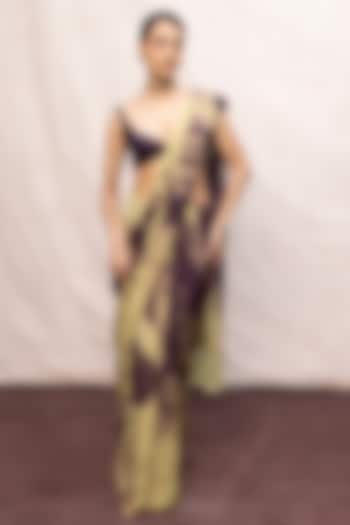 Purple & Pista Green Ombre Chiffon Digital Printed Handwoven Party Wear Saree Set by Ekaya at Pernia's Pop Up Shop