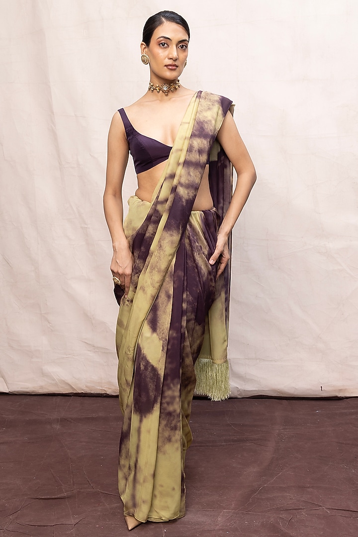 Purple & Pista Green Ombre Chiffon Digital Printed Handwoven Party Wear Saree Set by Ekaya at Pernia's Pop Up Shop