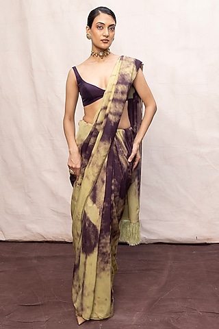 Purple & Pista Green Ombre Chiffon Digital Printed Handwoven Saree Set by Ekaya