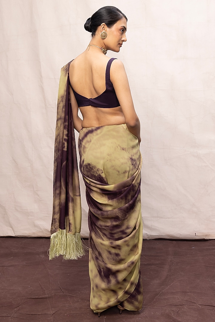 Purple & Pista Green Ombre Chiffon Digital Printed Handwoven Party Wear Saree Set by Ekaya at Pernia's Pop Up Shop