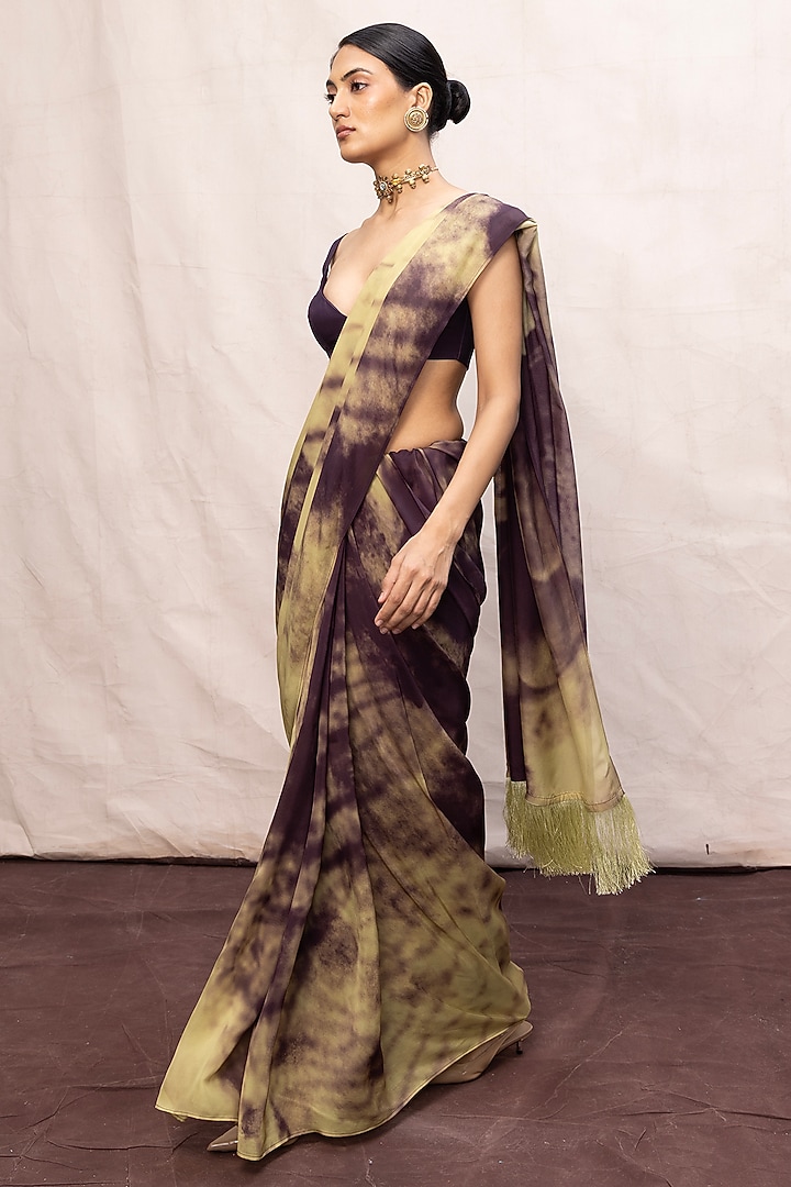 Purple & Pista Green Ombre Chiffon Digital Printed Handwoven Party Wear Saree Set by Ekaya at Pernia's Pop Up Shop