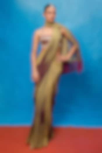 Purple & Pista Green Ombre Chiffon Digital Printed Handwoven Party Wear Saree Set by Ekaya at Pernia's Pop Up Shop