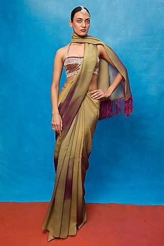 Purple & Pista Green Ombre Chiffon Digital Printed Handwoven Saree Set by Ekaya
