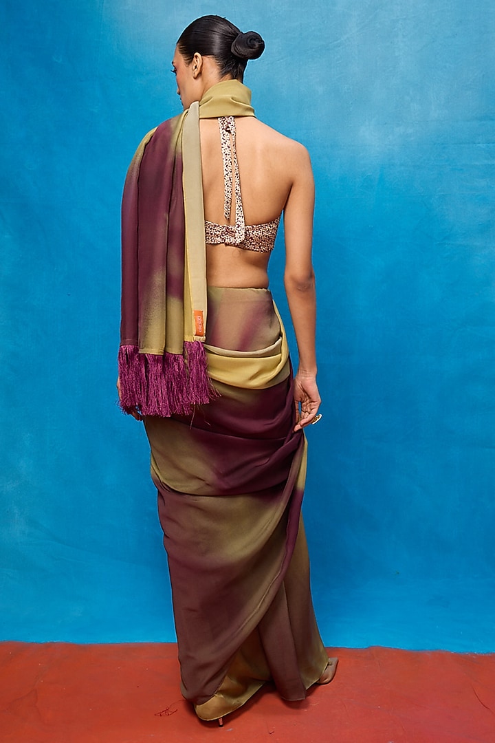 Purple & Pista Green Ombre Chiffon Digital Printed Handwoven Party Wear Saree Set by Ekaya at Pernia's Pop Up Shop