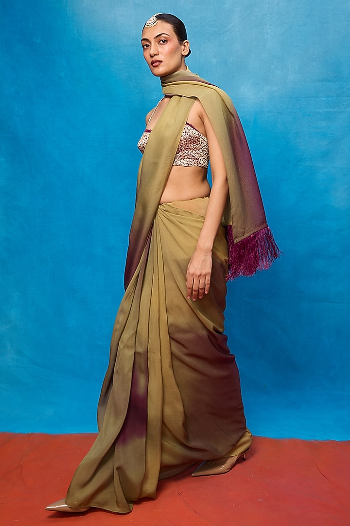 Purple & Pista Green Ombre Chiffon Digital Printed Handwoven Party Wear Saree Set by Ekaya at Pernia's Pop Up Shop