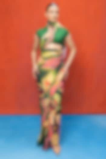 Green & Pink Chiffon Digital Printed Handwoven Party Wear Saree Set by Ekaya at Pernia's Pop Up Shop