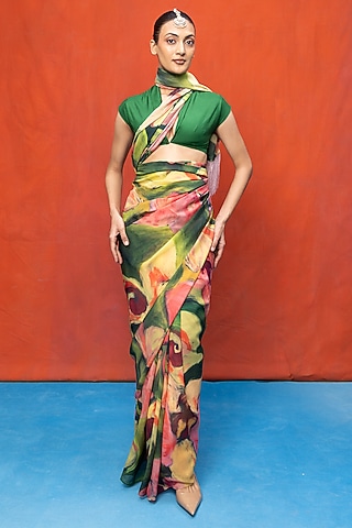Green & Pink Chiffon Digital Printed Handwoven Saree Set by Ekaya
