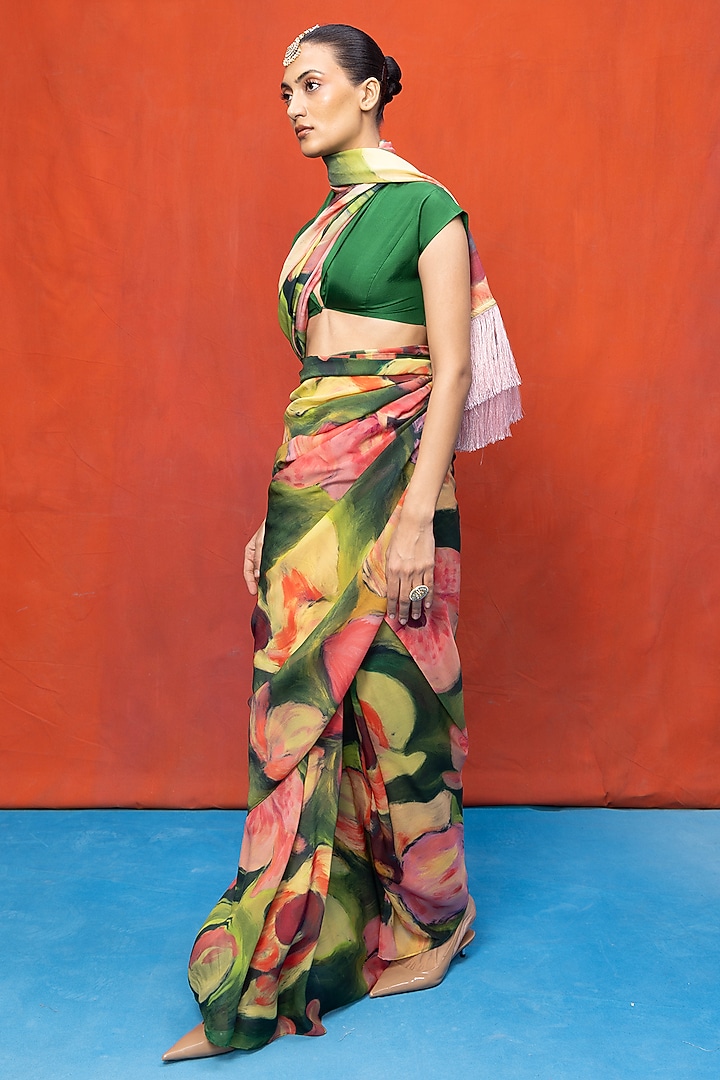 Green & Pink Chiffon Digital Printed Handwoven Party Wear Saree Set by Ekaya at Pernia's Pop Up Shop