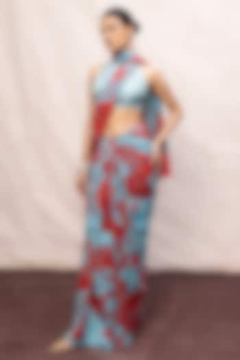 Blue & Red Chiffon Digital Printed Handwoven Party Wear Saree Set by Ekaya at Pernia's Pop Up Shop